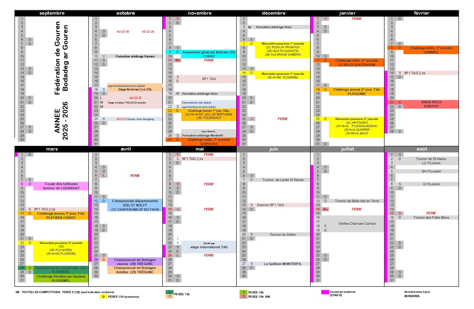 calendrier 2025 2026 MàJ 30 03 26