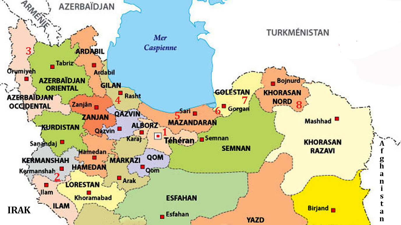 Situation géographique des différentes luttes d'Iran