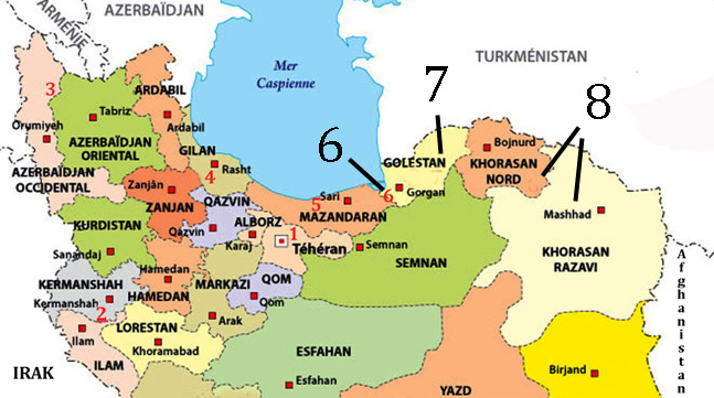 Carte des luttes d'Iran traitées dans cet article